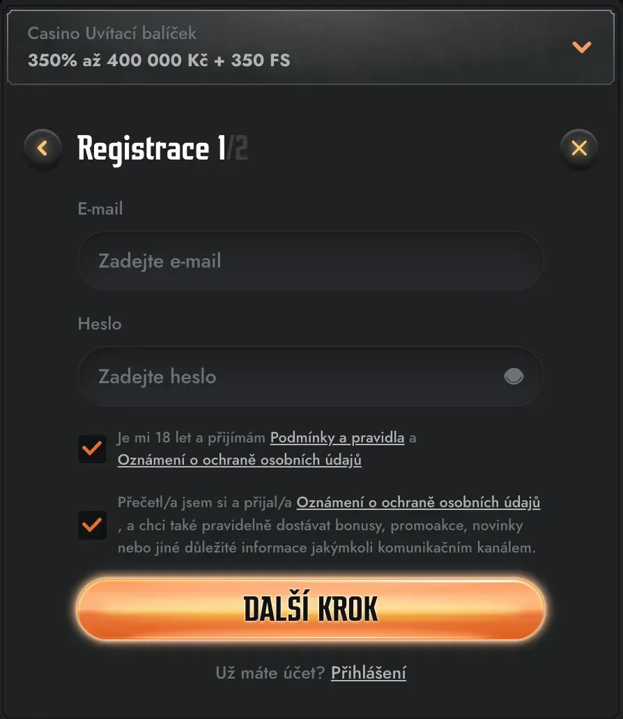 Registrační formulář v Gransino casino